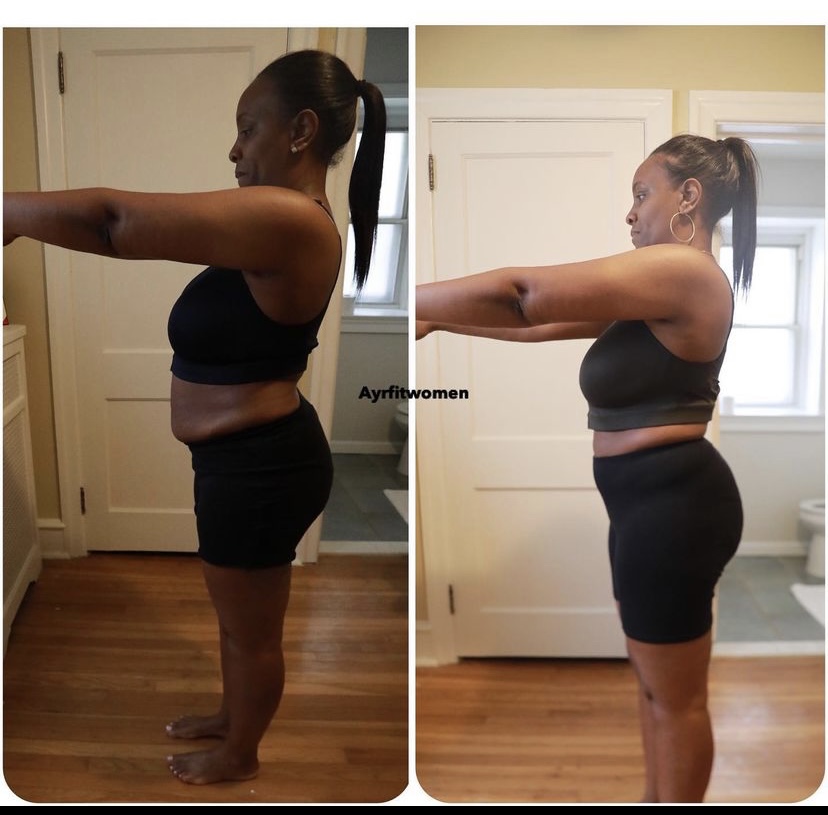 Client progress shown in two full-body side-profile photographs