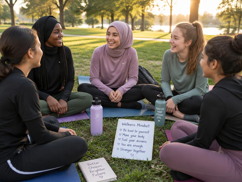 Teen girls laughing together on yoga mats during an outdoor wellness session