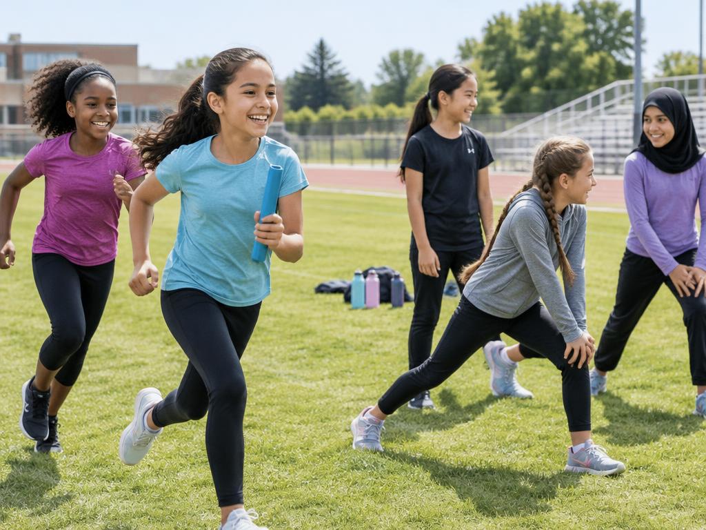 Girls running a relay and stretching together on a school field